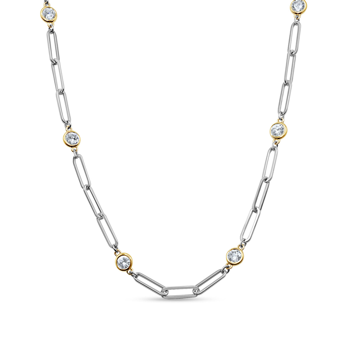 2.25 CTW Diamond Paperclip Necklace in white gold with yellow gold bezels