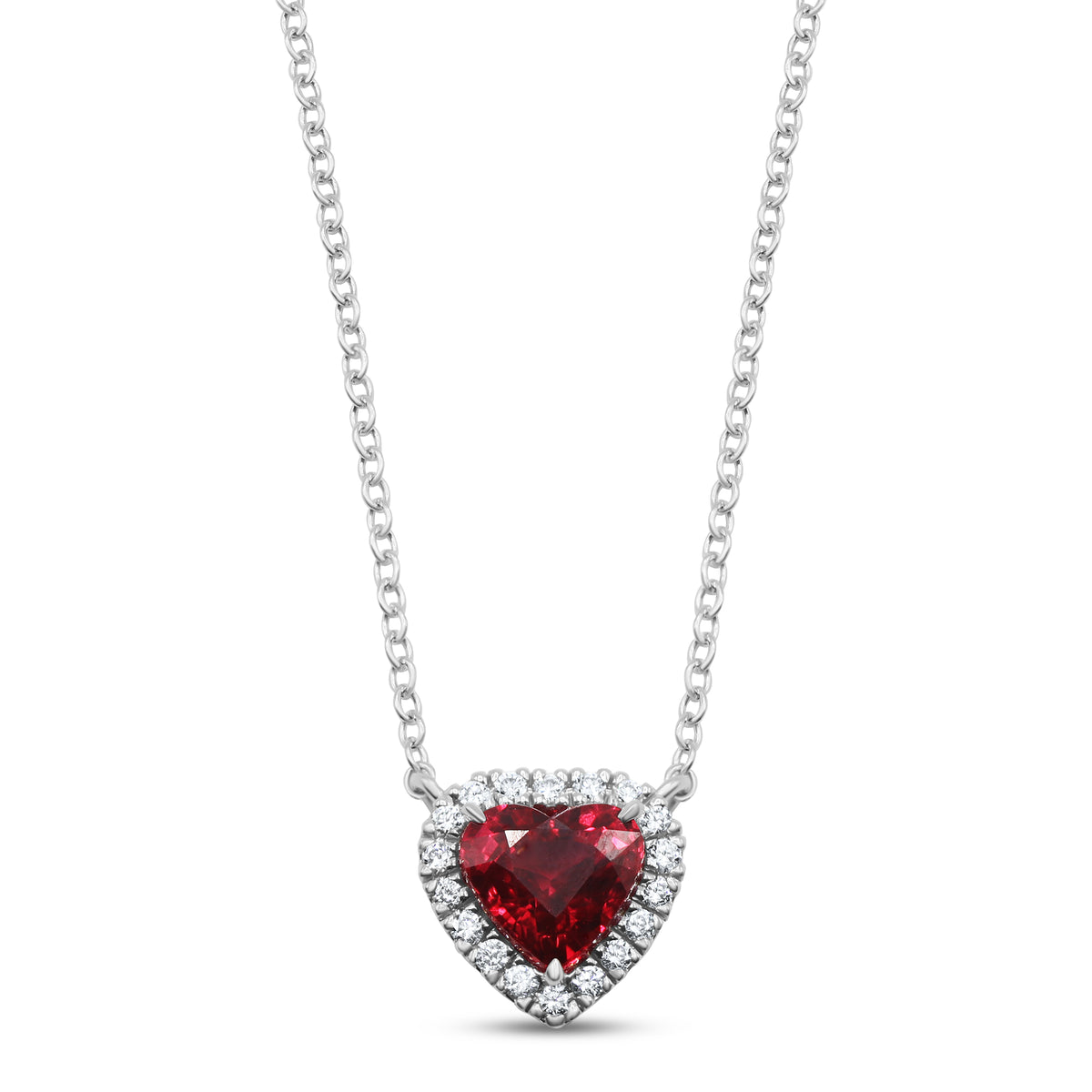 Ruby heart and diamond halo necklace in 18K white gold - alternate view