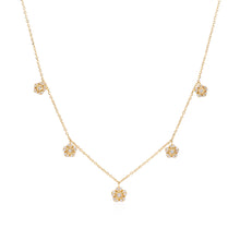 Load image into Gallery viewer, 18k yellow gold diamond floral drop necklace featuring round brilliant cut diamonds weighing .29 carats total of F color, VS2 clarity, and of excellent cut and brilliance. Necklace measures 18" in length.