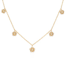 Load image into Gallery viewer, 18k yellow gold diamond floral drop necklace featuring round brilliant cut diamonds weighing .29 carats total of F color, VS2 clarity, and of excellent cut and brilliance. Necklace measures 18" in length.