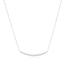 Load image into Gallery viewer, One handmade 14k white gold diamond necklace featuring 15 round brilliant cut diamonds weighing ,96 carats total of F color, VS2 clarity, and of excellent cut and brilliance. Necklace measures 16" in length.