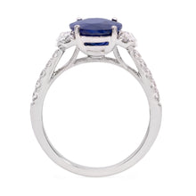 Load image into Gallery viewer, 18k white gold diamond and sapphire ring featuring 2 marquise cut diamonds weighing .51 carats total, and 14 round brilliant cut diamonds weighing .32 carats total of F color, VS2 clarity, and of excellent cut and brilliance. Center is an oval brilliant cut sapphire weighing 3.02 carats of excellent cut, hue, and even color distribution.