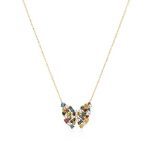 Load image into Gallery viewer, One handmade 14k yellow gold diamond butterfly necklace featuring 14 round brilliant cut diamonds weighing ,26 carats total of F color, VS2 clarity, and of excellent cut and brilliance. Necklace also features multi colored diamonds weighing .91 carats of exquisite color. Necklace measures 18" in length.