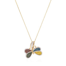 Load image into Gallery viewer, One handmade 14k yellow gold diamond dragonfly necklace featuring 108 round brilliant cut diamonds weighing ,29 carats total of F color, VS2 clarity, and of excellent cut and brilliance. Necklace also features multi colored diamonds weighing .74 carats of exquisite color.