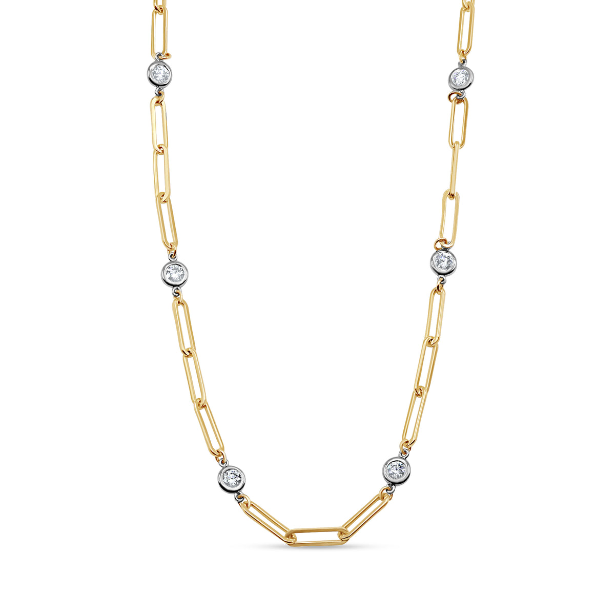 1.25 CTW Diamond Paperclip Necklace in yellow gold with white gold bezels