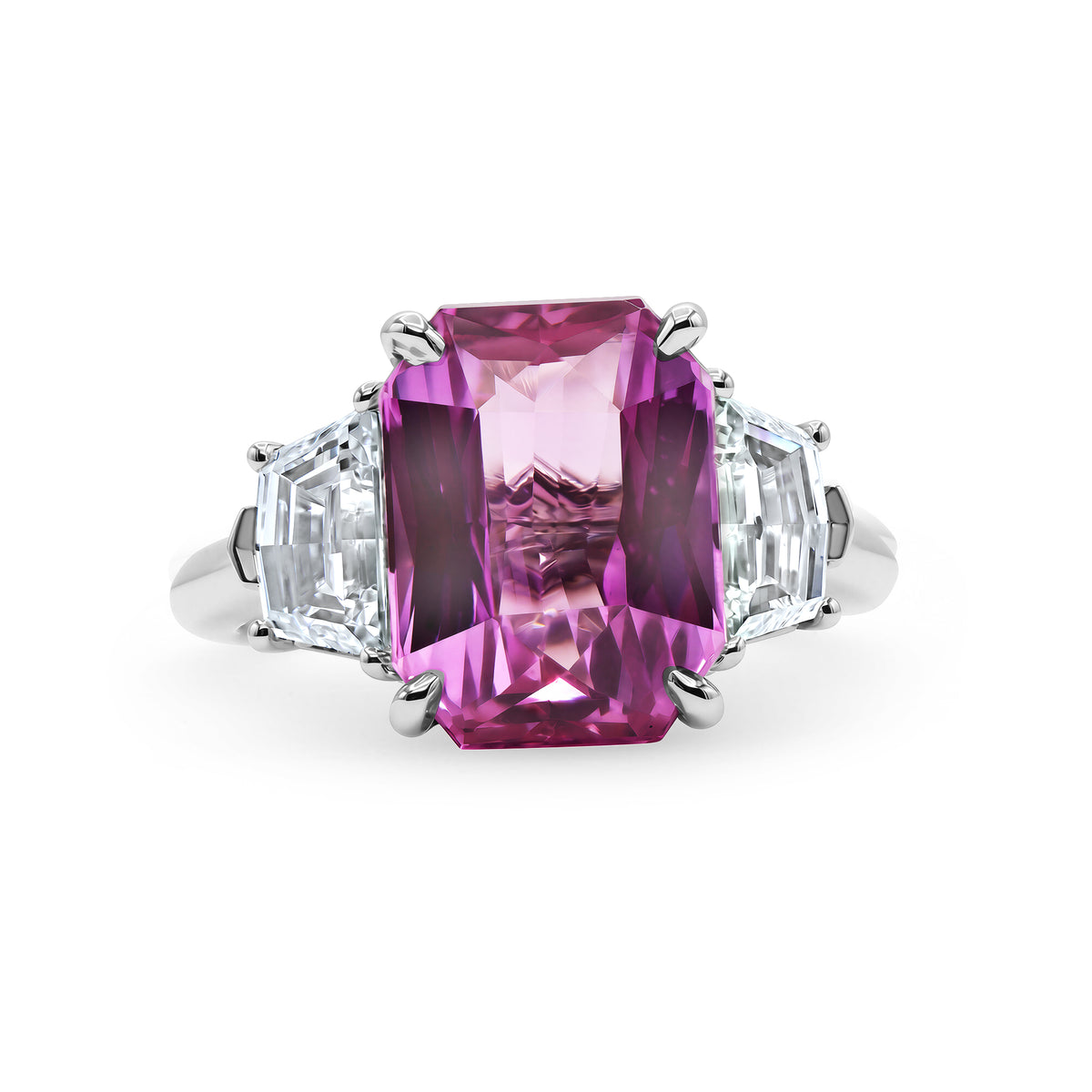 1.32 CT pink sapphire and diamond three-stone ring in platinum