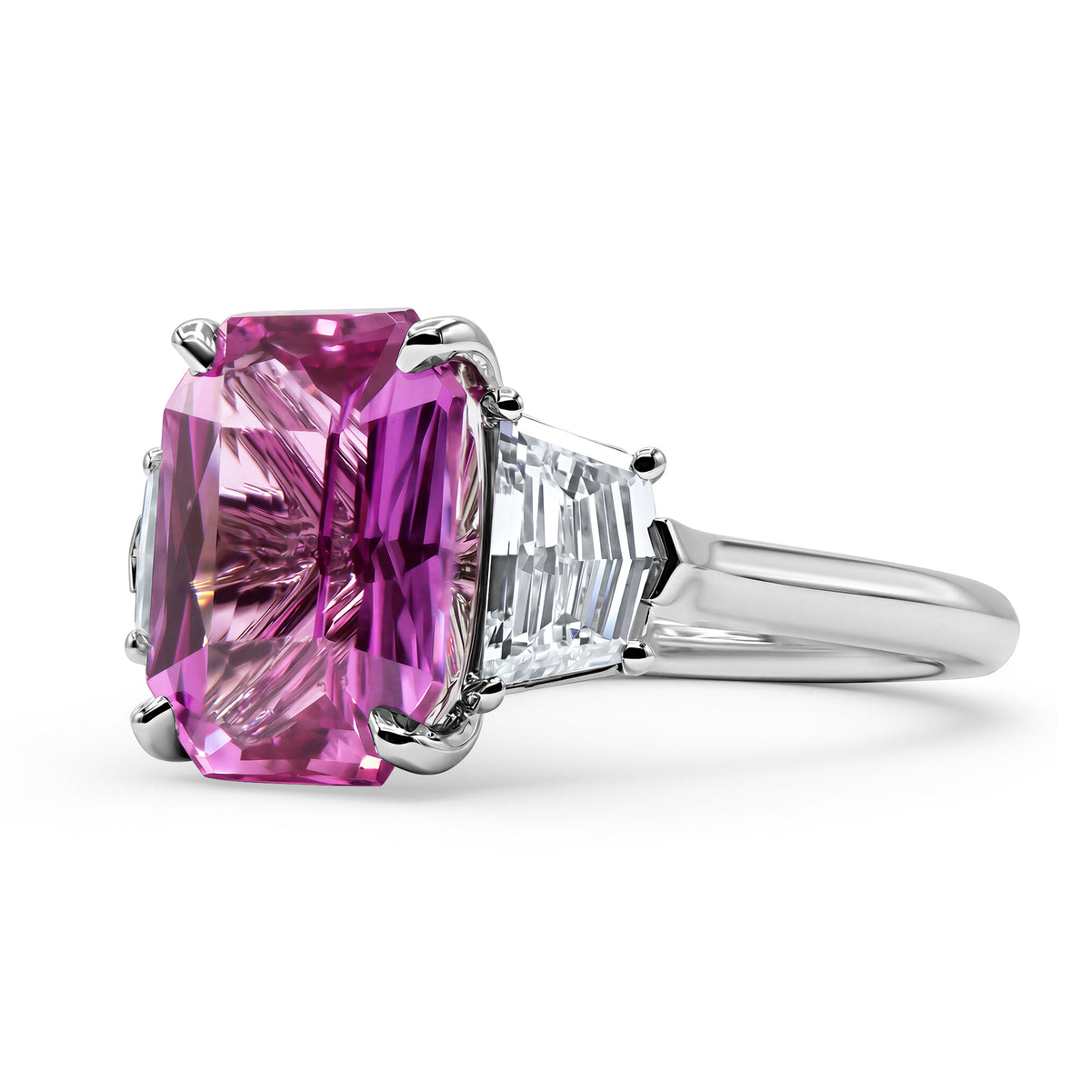 1.32 CT pink sapphire and diamond three-stone ring in platinum - alternate view