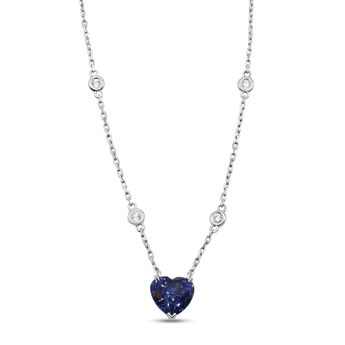 Blue sapphire heart and diamond necklace in 18K white gold - alternate view