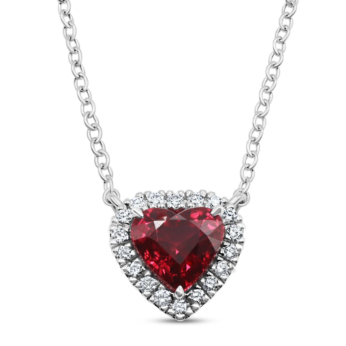 Ruby heart and diamond halo necklace in 18K white gold