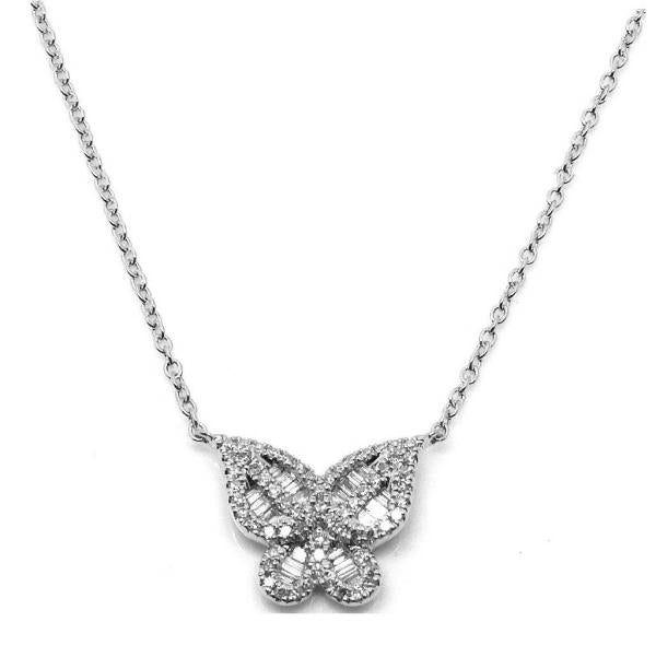 14k white gold diamond butterfly necklace with round and baguette cut diamonds weighing .26 carats total of F color, VS2 clarity.