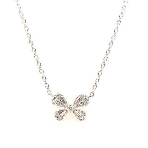 18k white gold diamond butterfly necklace featuring round and baguette cut diamonds weighing .80 carats total of F color, VS2 clarity.