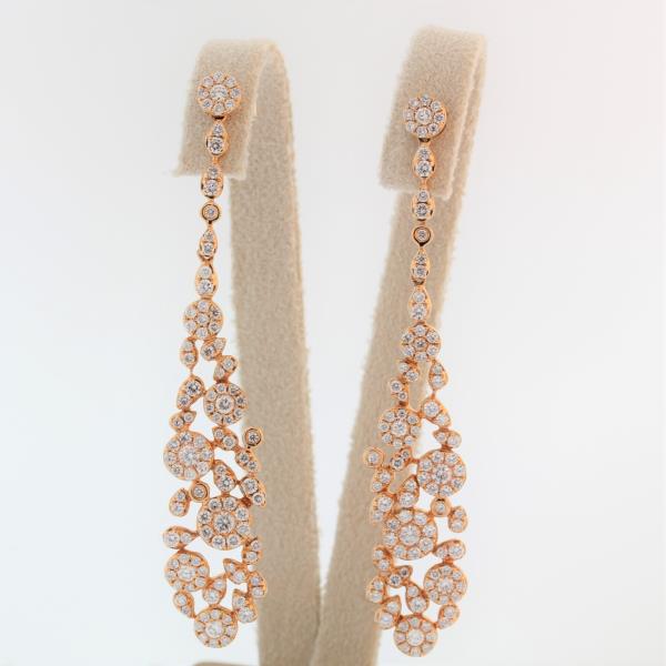 18k rose gold diamond drop earrings with round brilliant cut diamonds weighing 3.16 carats total of F color, VS2 clarity.