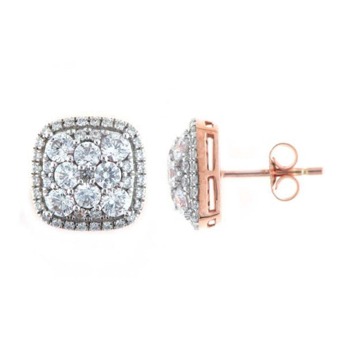 18k two tone white and rose gold diamond cluster earrings featuring round brilliant cut diamonds weighing 2.22 carats total of F color, VS2 clarity.