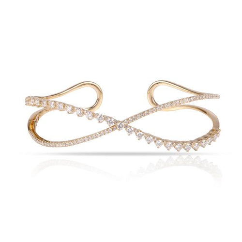 18k yellow gold diamond cuff bangle bracelet with round brilliant cut diamonds weighing 2.01 carats of F color, VS2 clarity.