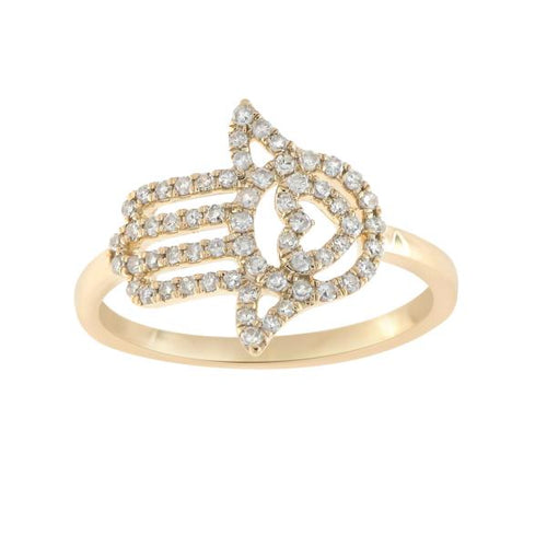 18k yellow gold Hamsa ring with round brilliant cut diamonds weighing .35 carats of F color, VS2 clarity.