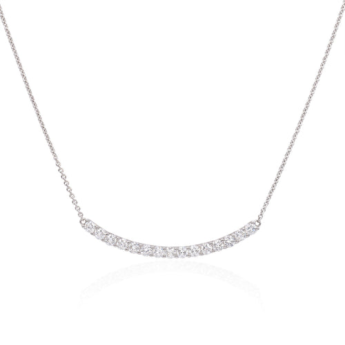 One handmade 18k white gold diamond necklace featuring round brilliant cut diamonds weighing ,89 carats total of F color, VS2 clarity, and of excellent cut and brilliance. 