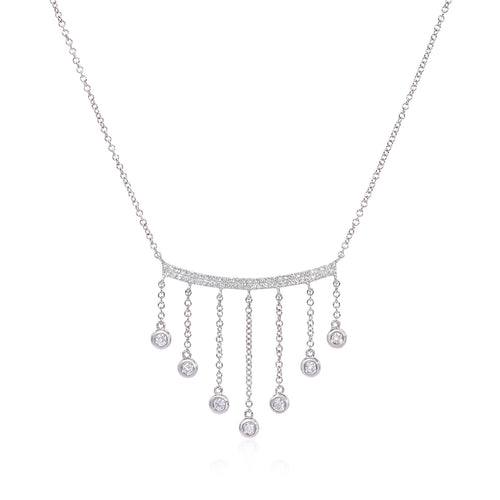 18k white gold diamond bar drop necklace featuring round brilliant cut diamonds weighing .28 carats total of F color, VS2 clarity, and of excellent cut and brilliance.  Necklace measures 18