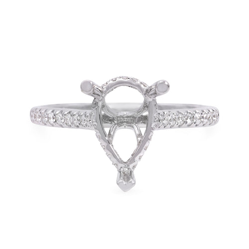 18k white gold diamond setting featuring round brilliant cut diamonds weighing .23 carats total of F color, VS2 clarity, and of excellent cut and brilliance.