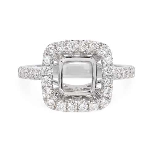Handmade 18k white gold diamond engagement ring setting featuring 34 round brilliant cut diamonds weighing .61  carats total of F color, VS2 clarity, and of excellent cut and brilliance.
