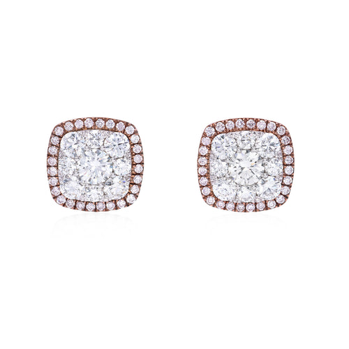 18k two-tone white and rose gold diamond cluster earrings with 74 round brilliant cut diamonds weighing 1.75 carats total of F color, VS2 clarity. Earrings also have 56 pink diamonds weighing .27 carats of exquisite color.  Earrings measure 8.5mm.