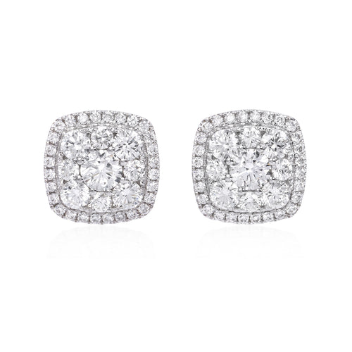 18k white gold diamond cluster earrings with round brilliant cut diamonds weighing 1.77 carats total of F color, VS2 clarity.