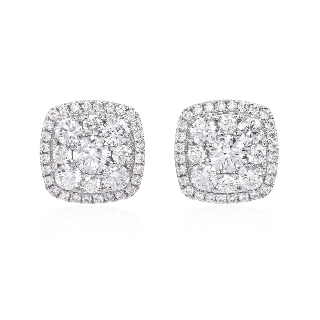 18k white gold diamond cluster earrings with round brilliant cut diamonds weighing 1.77 carats total of F color, VS2 clarity.