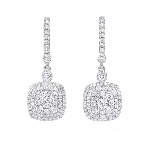 18k white gold diamond cluster earrings with 1.95 carats total of F color, VS2 clarity, and of excellent cut and brilliance.