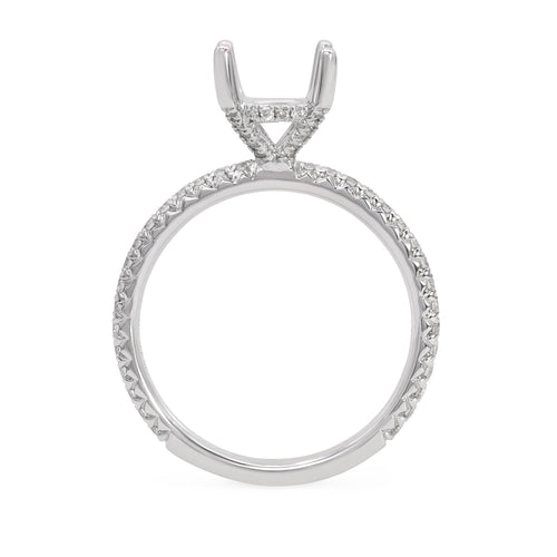 Handmade 18k white gold diamond engagement ring setting featuring round brilliant cut diamonds weighing .44  carats total of F color, VS2 clarity, and of excellent cut and brilliance.
