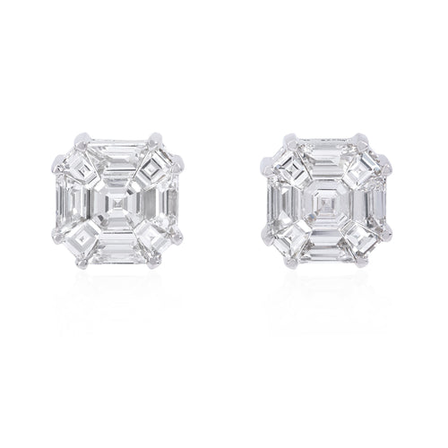 18k white gold diamond cluster stud earrings with baguette and asscher cut diamonds weighing 1.36 carats total of F color, VS2 clarity.
