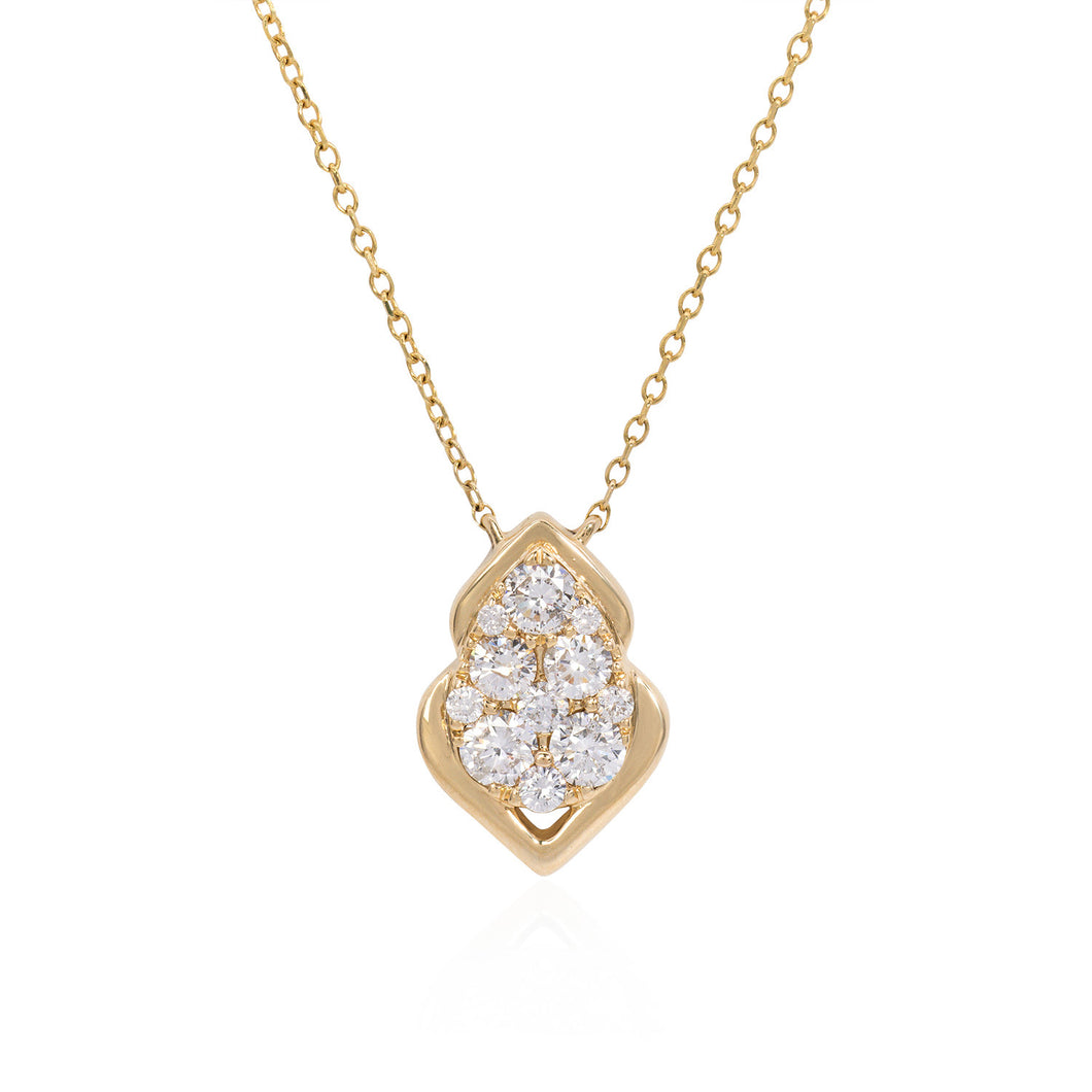 One handmade 14k yellow gold diamond necklace featuring 11 round brilliant cut diamonds weighing .47 carats total of F color, VS2 clarity, and of excellent cut and brilliance.