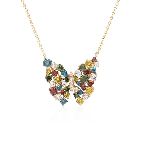 One handmade 14k yellow gold diamond butterfly necklace featuring 14 round brilliant cut diamonds weighing ,26 carats total of F color, VS2 clarity, and of excellent cut and brilliance. Necklace also features multi colored diamonds weighing .91 carats of exquisite color.  Necklace measures 18