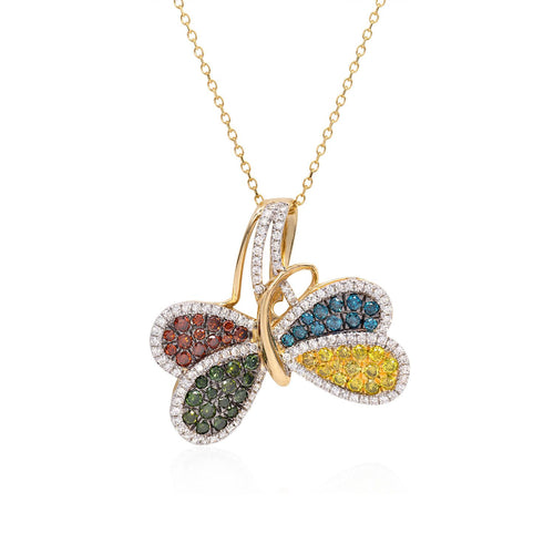 One handmade 14k yellow gold diamond dragonfly necklace featuring 108 round brilliant cut diamonds weighing ,29 carats total of F color, VS2 clarity, and of excellent cut and brilliance. Necklace also features multi colored diamonds weighing .74 carats of exquisite color.